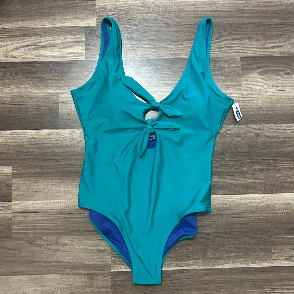 Old Navy One Piece Swimsuit Women XL Teal NWT Knot Front Cutout Resort Beach